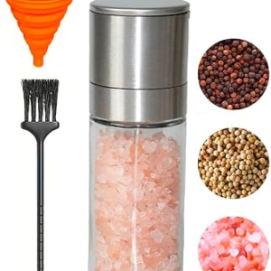 Pepper Grinder Salt Grinder, 5 inch Stainless Steel Pepper Mill w/Adjustable Coarseness, Refillable Salt with Funnel, Cleaning Brush, Manual Pepper Grinder for Black Peppercorns