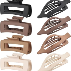 CHANDAT Hair Clips for Women 4.3 Inch Large Hair Claw Clips 8 pcs Square Claw Clips & Flat Hair Clips for Thick or Thin Hair French Concord Hair Barrettes Alligator Hair Accessories for Women (Brown)
