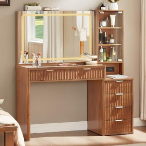 LEYAOYAO Fluted Makeup Vanity Desk with Mirror and Lights, 43.5” Blue Vanity Table with Glass Top and Power Outlet, Make Up Vanity with 6 Drawers and Adjustable Shelves for Bedroom