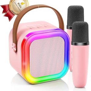 Kinglucky Mini Karaoke Machine for Kids, Top Birthday Gift Pick for Girls Ages 3, 4, 5, 6, 7, 8, 9, 10, 11, 12 Years Old, Kids’ Personal Video Players Accessories with 2 Mics Singing Present Toy, Pink