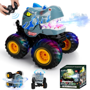 Drefirsa Remote Control Car for Boys 4-7 8-12, Dinosaur Monster Truck Toys with 50min+ Runtime, Spray, LED Light, 360° Rotating & 90° Driving, RC Stunt Car for Kids Birthday