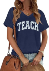 Teacher Shirts Women Teacher Life V-Neck Short Sleeve T-Shirt ABCD Teach Graphic Tee Back to School Tops(Blue,XX-Large)