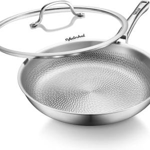 Titanium Pans for Cooking, 12′ Upgrade Non-Toxic Paella Pan with Lid | Titanium Hammered Pro skillet,PFAS/PFOA/PTFE Free Cookware, Dishwasher&Oven Safe, Kitchen Induction Compatible