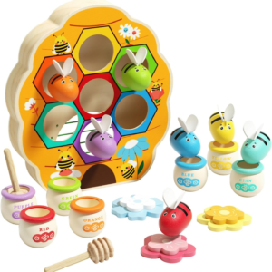 edutree Wooden Toddler Fine Motor Skill Toy, Bee to Hive Matching Game with Honey Jar & Sticks, Montessori Color Sorting Matching Toys, Preschool Educational Learning Toys, Gift for Toddler 2 3 4