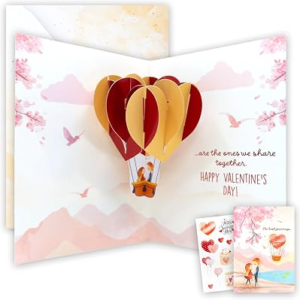 Decorably Red Glitter Foil 5x7in Handmade Individual Pop Up Valentines Day Card, Wife, Significant Other, with Couple & Hot Air Balloon Cutouts – with Envelope & Stickers, Printed Message