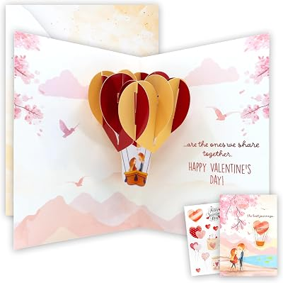 Decorably Red Glitter Foil 5x7in Handmade Individual Pop Up Valentines Day Card, Wife, Significant Other, with Couple & Hot Air Balloon Cutouts - with Envelope & Stickers, Printed Message