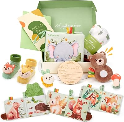 hahaland Baby Shower Gifts for New Mom Gender Reveal Box Baby Gift Basket Newborn Gift Set Baby Essentials Kit Baby Registry Search with Baby Book, Rattle, Blanket, Socks, Wristband, Card