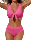 Wiepux Women High Waisted Textured Bikini Set Bow Ribbed Tummy Control（Hot Pink,S