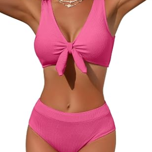 Wiepux Women High Waisted Textured Bikini Set Bow Ribbed Tummy Control（Hot Pink,S