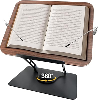Book Stand for Reading, Adjustable Book Holder with 360°Rotating Bases, Foldable Book Holders for Reading Hands Free with Elastic Page Clips,Fits for Book,Recipe,Music Scores, Kindle,Magazines,Tablets