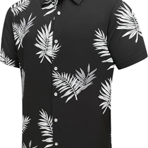 SheLucki Hawaiian Shirt for Men, Unisex Summer Beach Casual Short Sleeve Button Down Shirts, Printed Palmshadow Clothing Leaf Black M