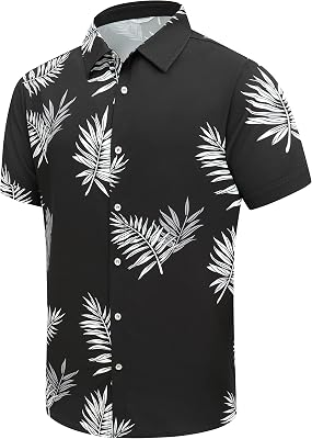 SheLucki Hawaiian Shirt for Men, Unisex Summer Beach Casual Short Sleeve Button Down Shirts, Printed Palmshadow Clothing Leaf Black M