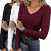 Ekouaer Womens 3 Pack Long Sleeve Shirts V Neck Ribbed Black/White/Dark Red Large