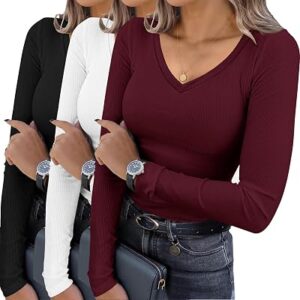 Ekouaer Womens 3 Pack Long Sleeve Shirts V Neck Ribbed Black/White/Dark Red Large