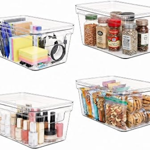 MOONEDGE 4-Pack 10x6x5 Stackable Small Clear Storage Bins with Lids | Plastic small item organizer containers with handles for vanity, craft, office, fridge, kitchen, pantry, bathroom and closet