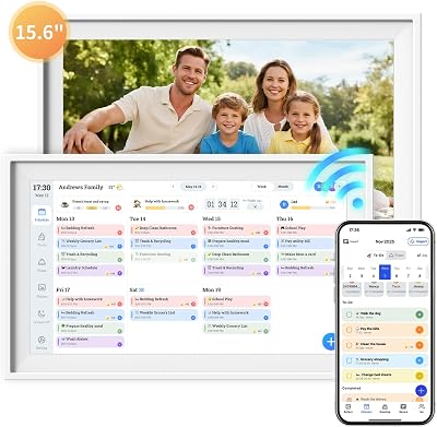 15.6" Digital Calendar, Electronic Calendar, HD Smart Touch Screen Home Interactive Display for Family Schedules, Chore Chart - Built-in Digital Photo Frame Function, Wall-Mountable, White 15.6