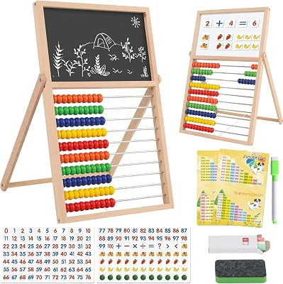Wooden Abacus Math Games for Kids 5-7 Counting Toys with Double-Sided Board | Wood Abacus Educational Counting Math Manipulatives for 1st 2nd grade with Magnetic Number Cards 1-100