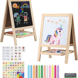 Tabletop Painting Wooden Art Easel for Kids – 4-in-1 Double-Sided Drawing Board for Toddlers 2-4, Chalkboard & Dry Whiteboard with Markers, Eraser, Magnetic Letters/Numbers & Flashcards