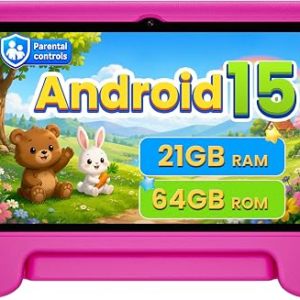 Android 15 Kids Tablet 10.1 Inch, Octa-Core Processor, Case Included,Pink | Built-in parental controls; Google Kid Space installed; 2.4G/5G dual-band WiFi; 21GB RAM 64GB ROM; For Ages 2-12 Toddler