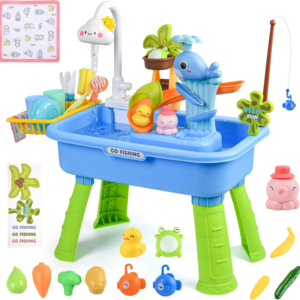 Mobelixy Upgraded Toddler Sand Water Table Toy with Electric Water Pump, Kids Sand Water with Faucet/Play Food Accessories/Fishing Toy, Kitchen Play Sink Toys for Girl Boy Age 3+ (Blue)