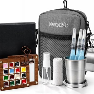 Mini Watercolor Paint Set 15-Color Walnut Wood Travel Paint Kit with Bag | Portable Pocket Paint Set with Watercolor Journal, Metal Clip, Paint Water Cup, Water Brush, Art Lovers Gifts Grey