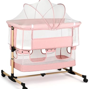Baby Bassinet, 3 in 1 Infant Bassinet Bedside Sleeper | Bassinet with Cover, Rocking Bedside Bassinet for Baby with Storage Basket, Foldable & Adjustable Travel Crib (Light Pink)