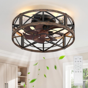 Caged Ceiling Fan with Light and Remote, 20″ Low Profile Flush Mount Ceiling Fans with Light, 6 Speed, Timing, Reversible DC Motor, Small Farmhouse Fan Lights for Bedroon Kitchen Living Dining Room