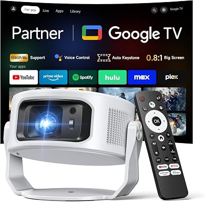 1080P Mini Projector with Google TV Big Screen in Small Room | Google TV Included,Ultra Short Throw, Auto Keystone, Portable, WiFi 6 Bluetooth5.4, Support 4K Movie