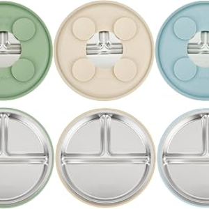 PandaEar 3 Pack Stainless Steel Baby Suction Plates, Divided Toddler Plate for Baby Led Weaning Supplies, Non-Slip Toddler Baby Feeding Set Dishwasher Safe (Blue/Green/Brown)
