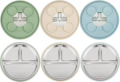 PandaEar 3 Pack Stainless Steel Baby Suction Plates, Divided Toddler Plate for Baby Led Weaning Supplies, Non-Slip Toddler Baby Feeding Set Dishwasher Safe (Blue/Green/Brown)