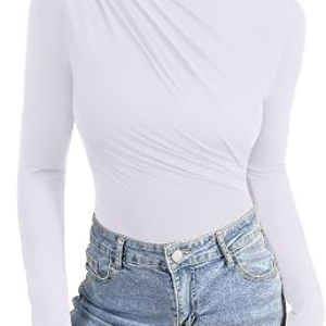 REORIA Long Sleeve Ruched Bodysuit Tops