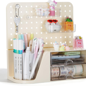 Comix Desk Organizer with 2 Drawer, Beige 360° Rotating Pen Holder for Desk
