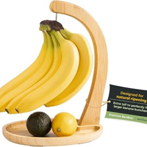 keechee Premium Bamboo Banana Holder with Fruit Tray, Extra Tall 12.9″ Banana Hanger Stand for Kitchen Countertop, Sturdy Banana Hook Keeps Fruit Fresh & Bruise-Free, Easy Assembly