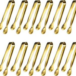 JCREN 12 Pcs Serving Tongs, Small Serving Utensils for Parties Catering Gold Tongs, Food-Grade 304 Stainless Steel Mini Appetizer Tongs for Tea Party Coffee Bar, 4 Inches – Gold
