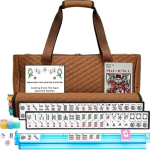 American Mahjong Tile Set with Brown Quilted Bag,166 White Tiles,4 All-in-One Rack/Pushers,Portable Mahjong Set, Suitable for Outdoor Activities Communities and Activity Centers
