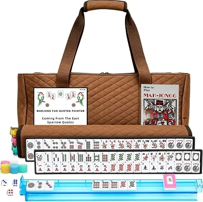 American Mahjong Tile Set with Brown Quilted Bag,166 White Tiles,4 All-in-One Rack/Pushers,Portable Mahjong Set, Suitable for Outdoor Activities Communities and Activity Centers