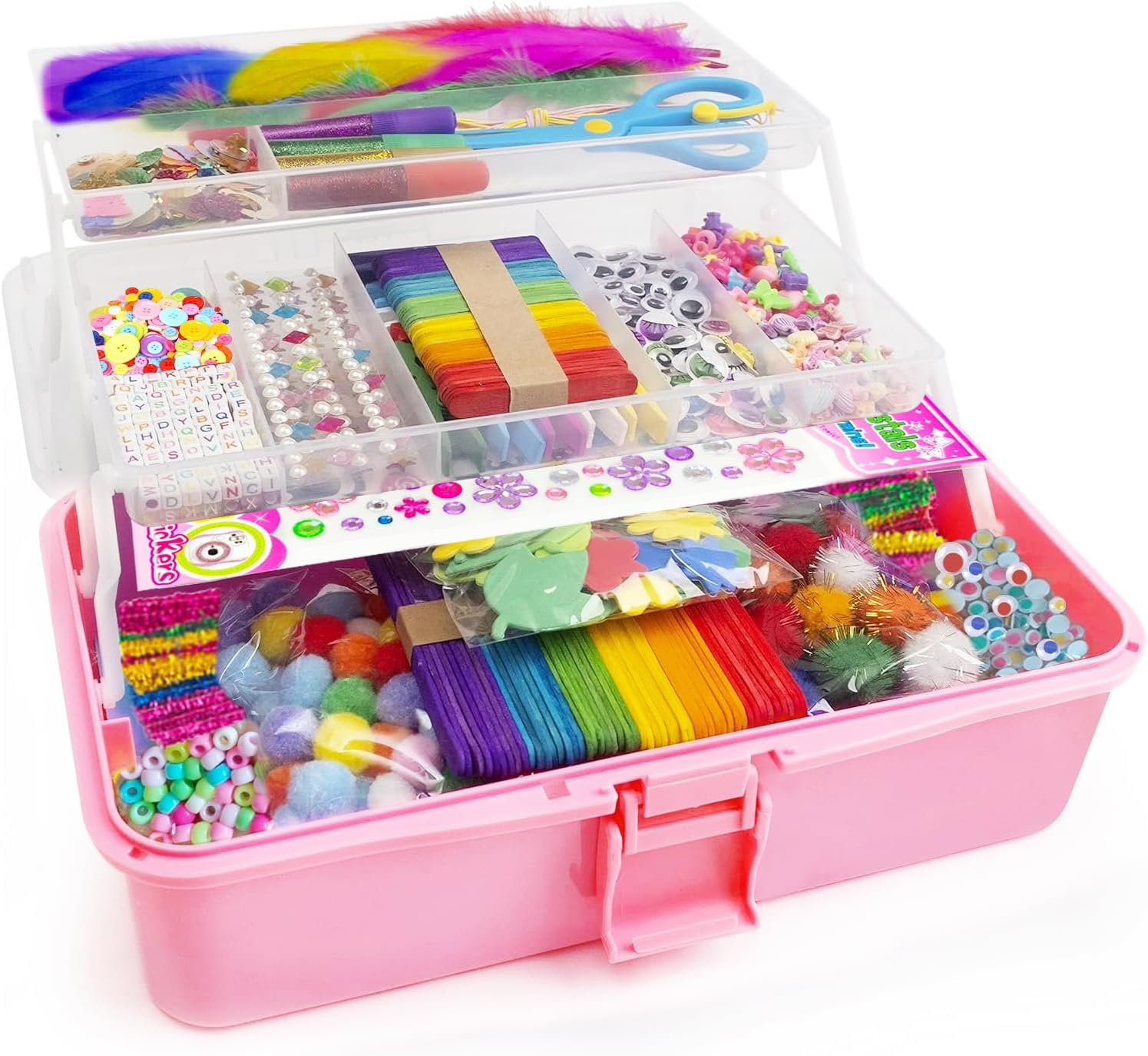 Bobbie Art Arts & Crafts Box 3000+ pcs Deluxe Craft Supplies Box Pink Box - Art Crafting Kit Birthday Gifts for Kids, School Supply for Ages 4-12