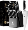 KOSROR Kitchen Knife Set with Block: 15-Piece German Stainless Steel with Dual Sharpener for Beginners – Covers 95% Kitchen Tasks – Black Full-Tang Ergonomic Handle, Dishwasher Safe, Easy to Use