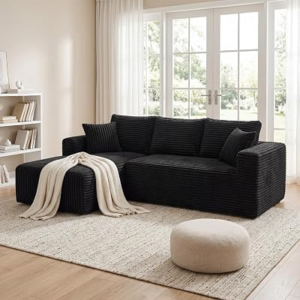 92.5″ Modular Sectional Sofa, L-Shaped Cloud Couch with Deep Seats and Chaise, Upholstered Corduroy Boneless Couch for Living Room Small Space, No Need Assembly – Black(Left Facing Chaise)