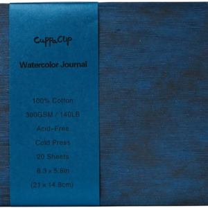 CuppaClip Leather Watercolor Journal, 300gsm/140lb 100% Cotton Cold Press Water Color Paper, 20 Sheets Acid-Free Watercolor Sketchbook Art Notebook for Painting, Drawing, Travel (Dark Blue, 8.3×5.8in)