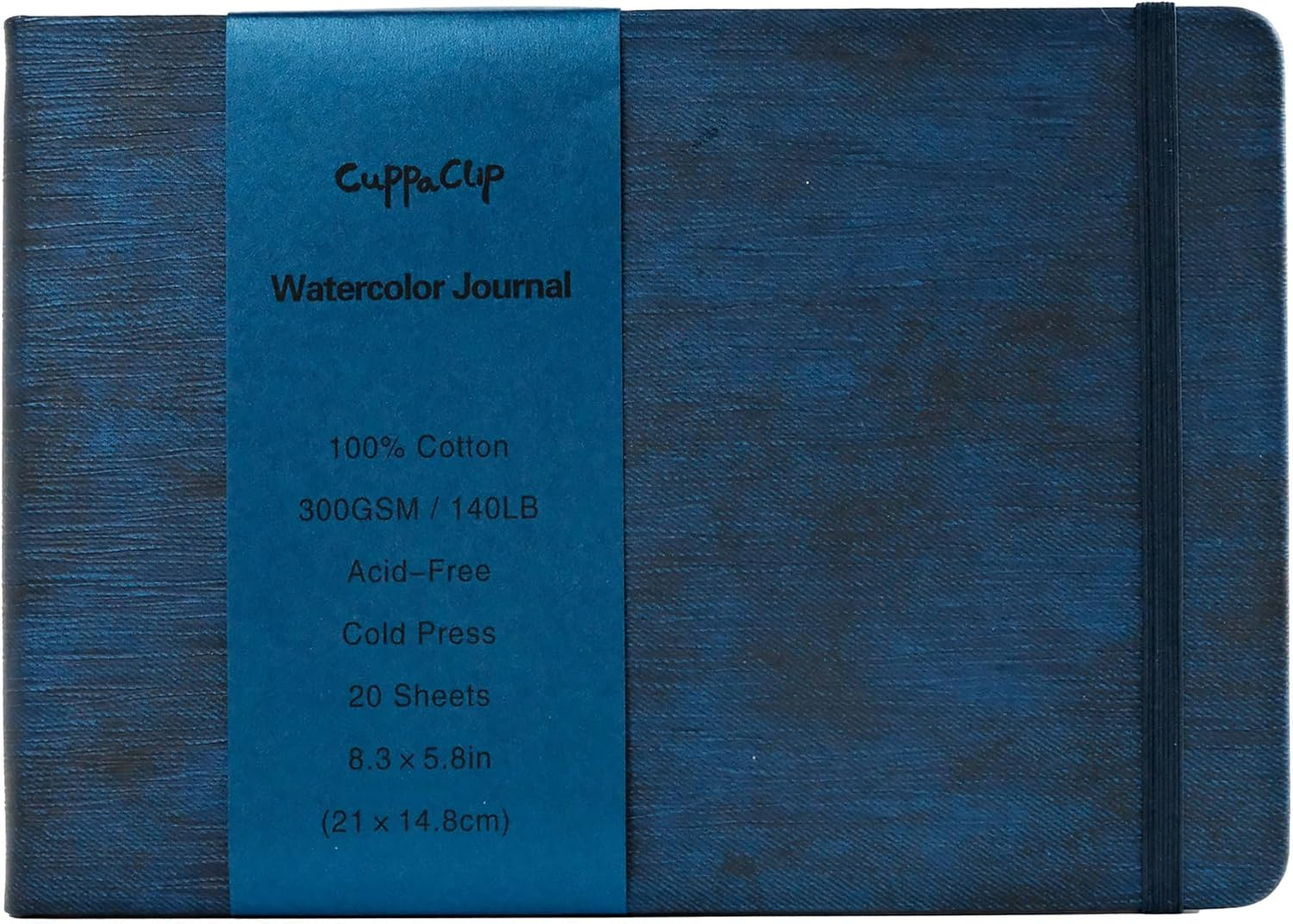 CuppaClip Leather Watercolor Journal, 300gsm/140lb 100% Cotton Cold Press Water Color Paper, 20 Sheets Acid-Free Watercolor Sketchbook Art Notebook for Painting, Drawing, Travel (Dark Blue, 8.3x5.8in)