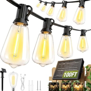 100FT Solar String Lights Outdoor Waterproof with Remote & Timer, LED Shatterproof ST38 Bulbs, USB & Solar Powered Patio Lights for Backyard, Porch, Garden, Wedding Decor, Dusk to Dawn Lighting