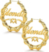 Handmade Bamboo Hoop Earrings for Women Gold Personalized Name Earrings Custom Engraved Stainless Steel Hypoallergenic Birthday Christmas Gift for Mom Grandma (Earring-hoop)