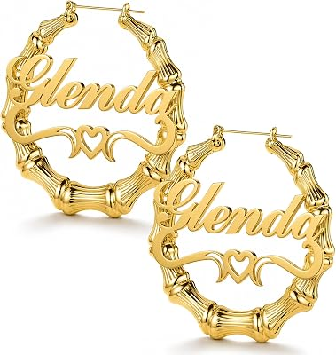 Handmade Bamboo Hoop Earrings for Women Gold Personalized Name Earrings Custom Engraved Stainless Steel Hypoallergenic Birthday Christmas Gift for Mom Grandma (Earring-hoop)