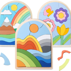 Safmord Montessori Wooden Shape Puzzles – Color Matching & Cognition Fun for Kids Over 3 Years Old, with Rainbow Blocks & Themes, Fine Motor Skill Building Toys & Gifts (3 Pack Colorful)