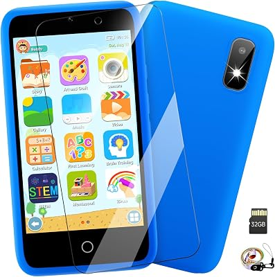 MINIBEAR Kids Toy Smartphone, 3.97" Toddler Dual Camera Learning Toys, 201+ Educational Games Play Phone No WiFi for Girls Boys 3-12 Christmas Birthday Gifts with 32g SD Card (Blue)