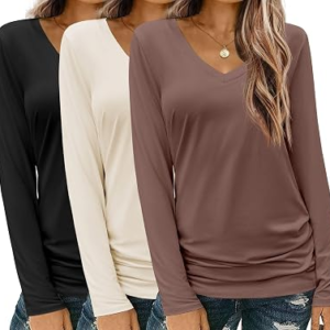 Zeagoo 3 Pack Womens T Shirts V Neck Long Sleeve Shirt Casual Tops Soft Solid Basic Tee Fall Outfits S-XXL
