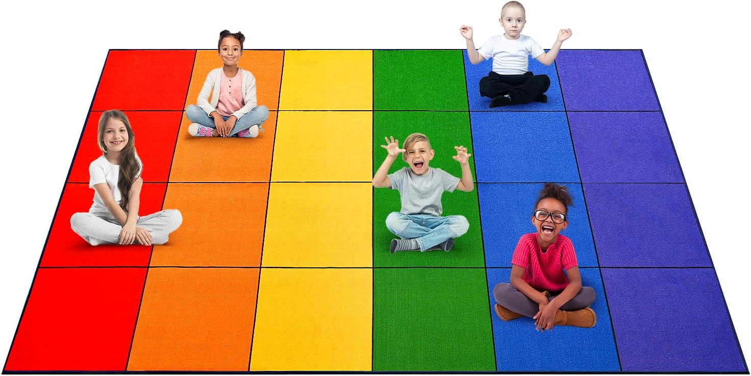Boooooom Jackson Classroom Rug - 7'6''x13'12'' Rainbow Preschool Classroom Carpet with Seating Squares, Non-Slip & No-Trip Edges, Vibrant Colors for Kids Playroom Floor Mat
