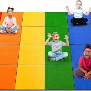 Boooooom Jackson Classroom Rug – 7’6”x13’12” Rainbow Preschool Classroom Carpet with Seating Squares, Non-Slip & No-Trip Edges, Vibrant Colors for Kids Playroom Floor Mat