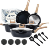 FDN 16Pcs Titanium Pots and Pans Set,Toxic-Free Cookware Set, Dishwasher & Oven Safe, Induction Compatible with Bakelite Wood Grain Handle, Compact and Durable